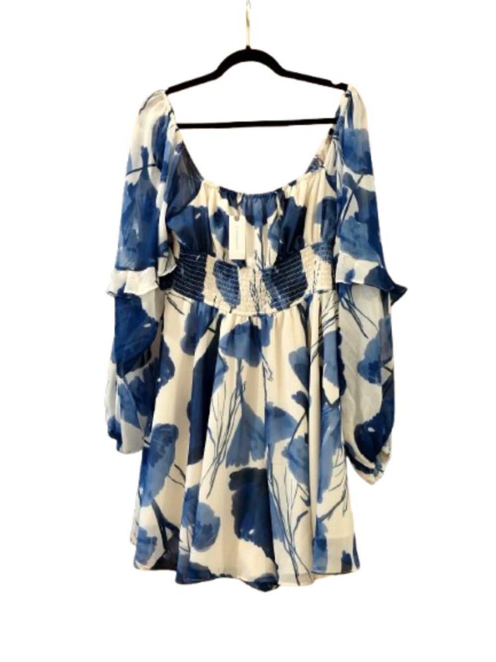 ANTHROPOLOGIE~HUTCH~Blue & White Foral Flounce Romper Dress w/Smocked Waist NWT